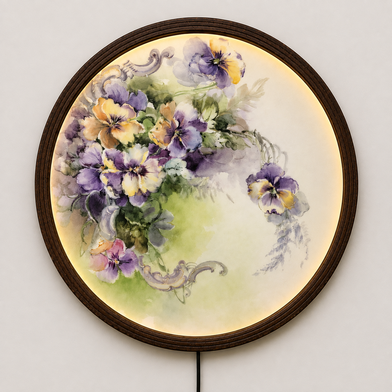 Pansy Floral Round LED Wall Art – Elegant Botanical Home Decor with Soft Ambient Lighting
