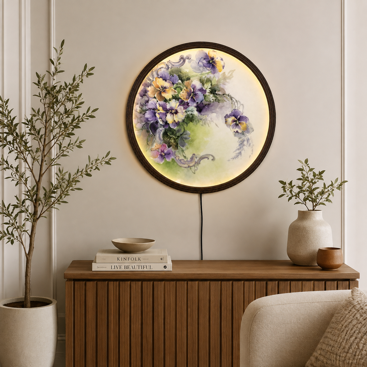 Pansy Floral Round LED Wall Art – Elegant Botanical Home Decor with Soft Ambient Lighting