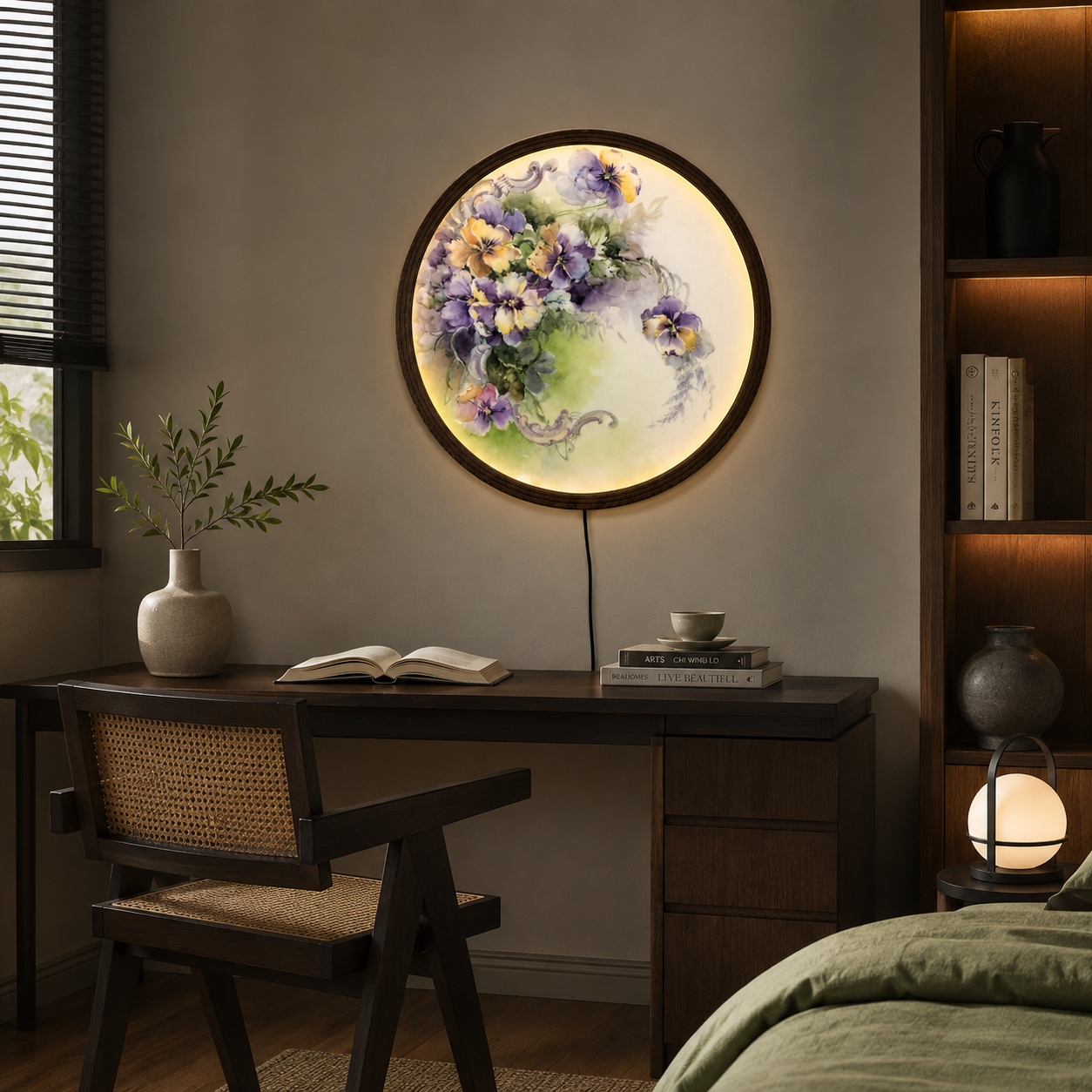 Pansy Floral Round LED Wall Art – Elegant Botanical Home Decor with Soft Ambient Lighting