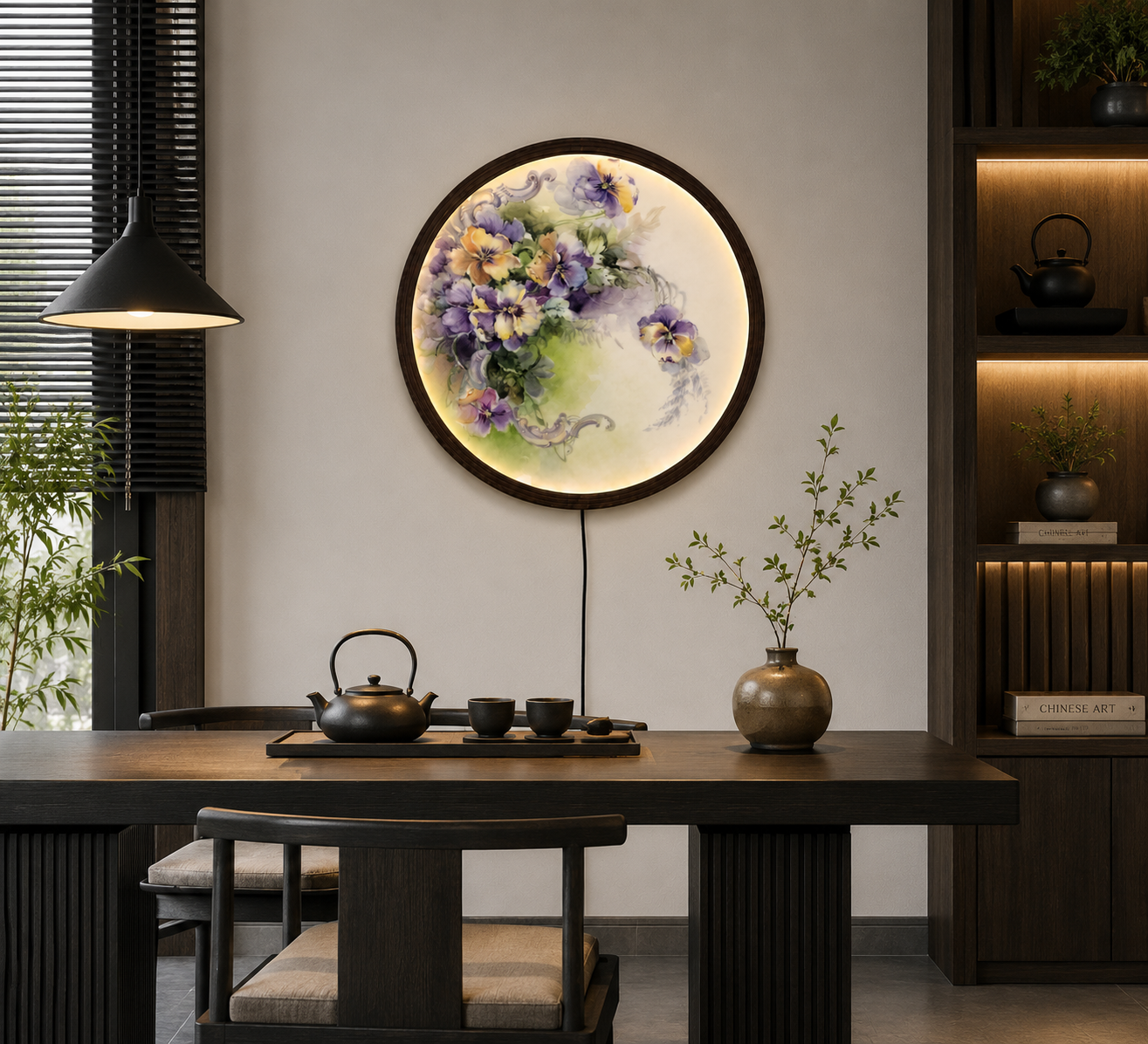Pansy Floral Round LED Wall Art – Elegant Botanical Home Decor with Soft Ambient Lighting