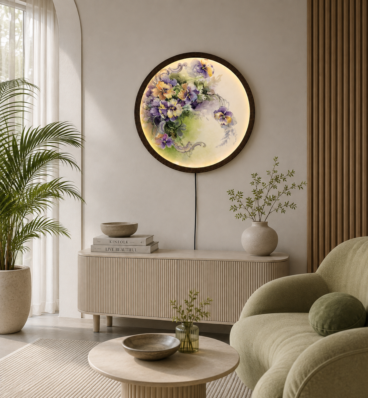 Pansy Floral Round LED Wall Art – Elegant Botanical Home Decor with Soft Ambient Lighting