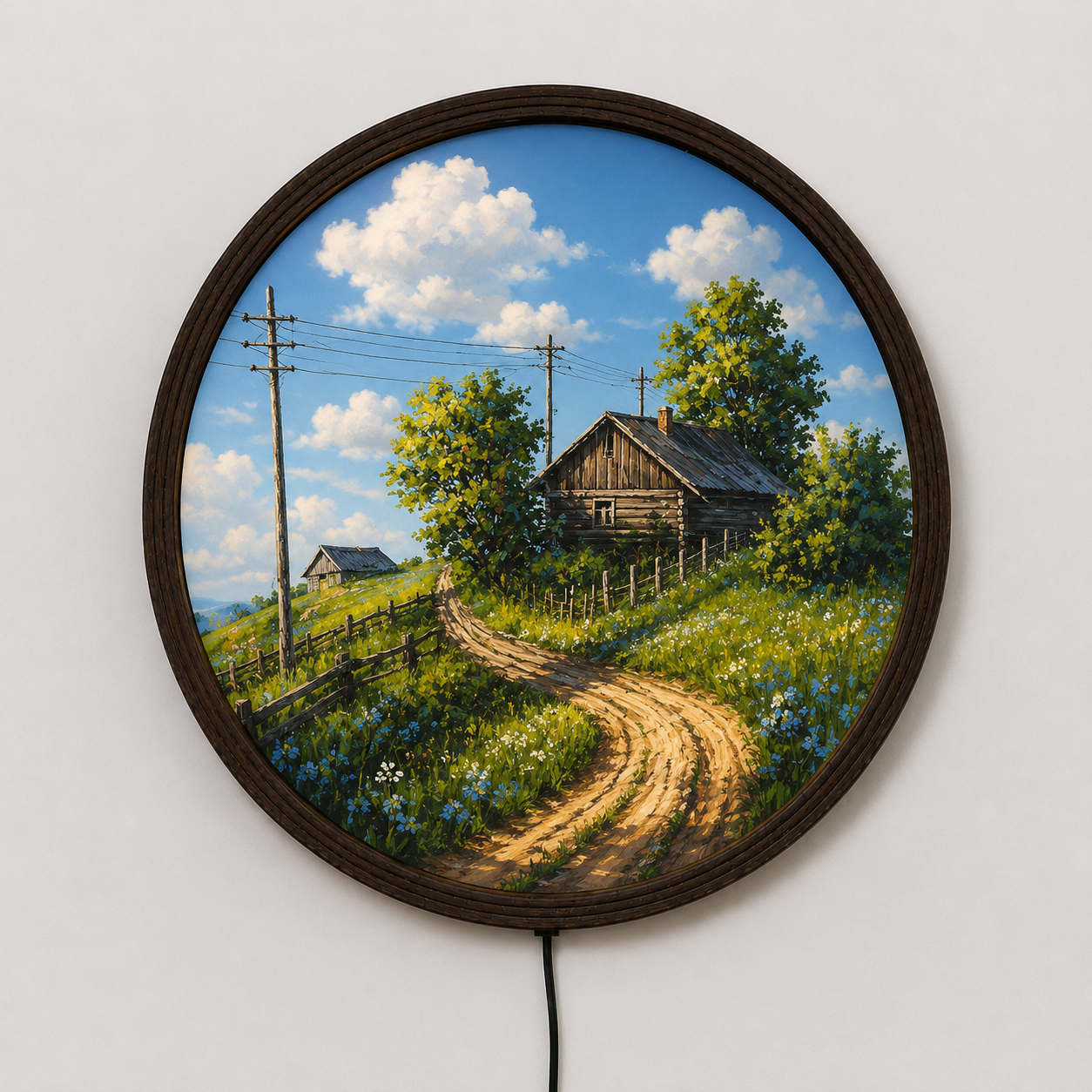 Rustic Countryside Cabin LED Wall Art – Round Lighted Landscape Wall Decor, Farmhouse Wooden Frame, Nature Home Decor