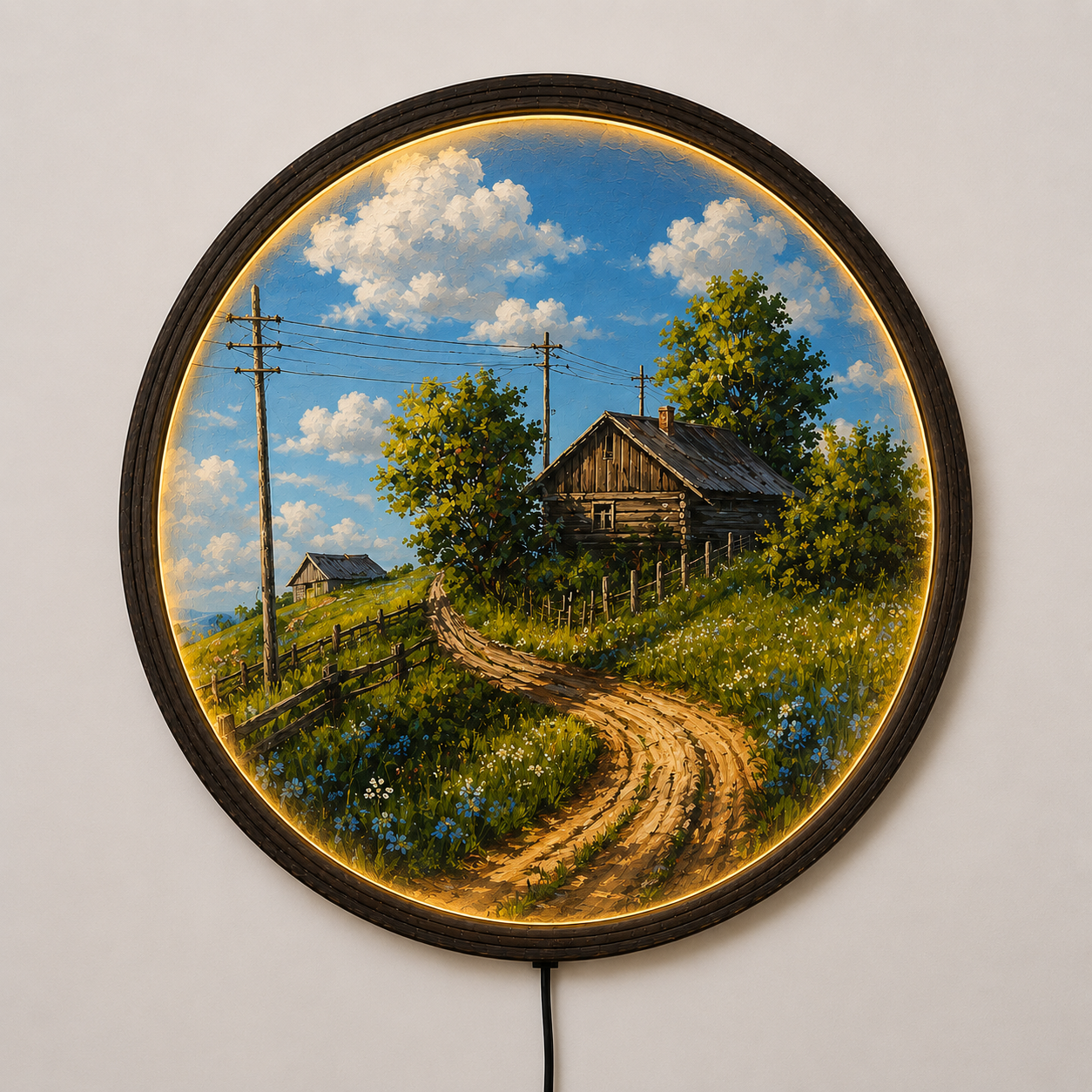 Rustic Countryside Cabin LED Wall Art – Round Lighted Landscape Wall Decor, Farmhouse Wooden Frame, Nature Home Decor