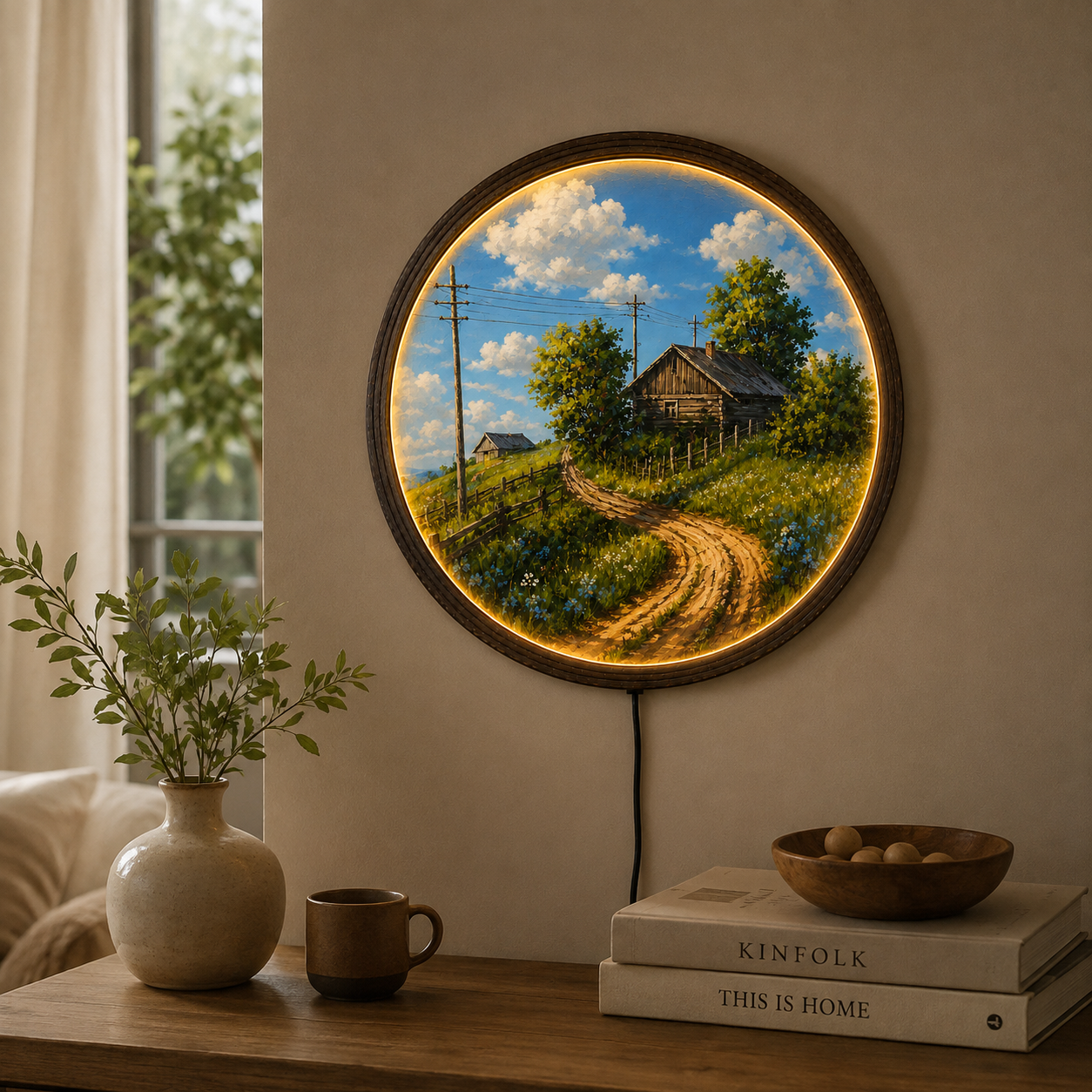Rustic Countryside Cabin LED Wall Art – Round Lighted Landscape Wall Decor, Farmhouse Wooden Frame, Nature Home Decor