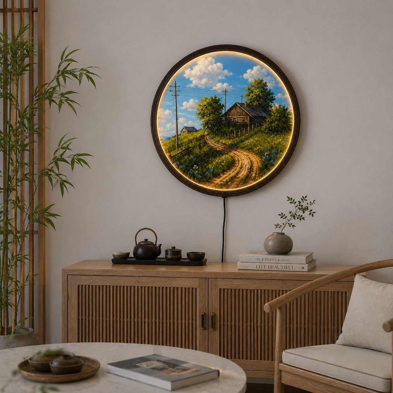 Rustic Countryside Cabin LED Wall Art – Round Lighted Landscape Wall Decor, Farmhouse Wooden Frame, Nature Home Decor