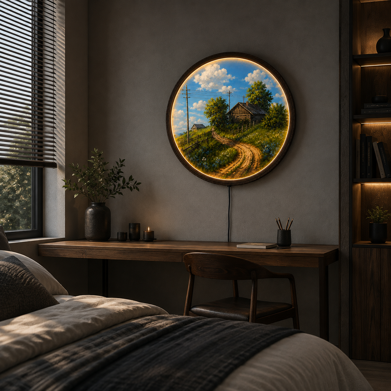 Rustic Countryside Cabin LED Wall Art – Round Lighted Landscape Wall Decor, Farmhouse Wooden Frame, Nature Home Decor