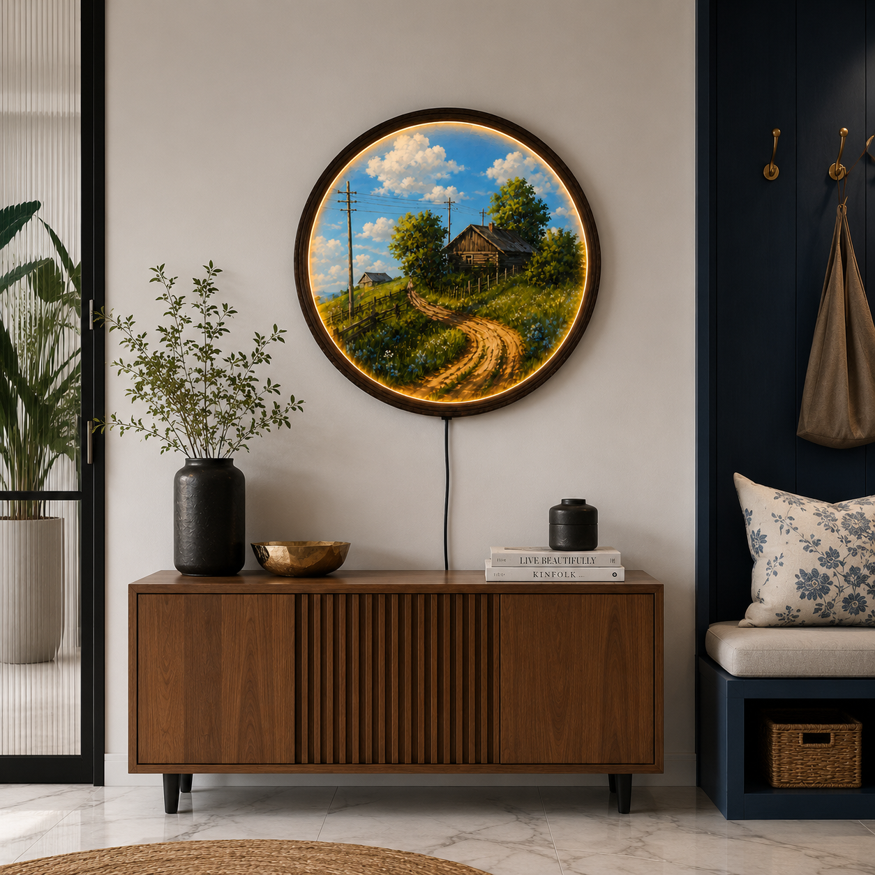 Rustic Countryside Cabin LED Wall Art – Round Lighted Landscape Wall Decor, Farmhouse Wooden Frame, Nature Home Decor