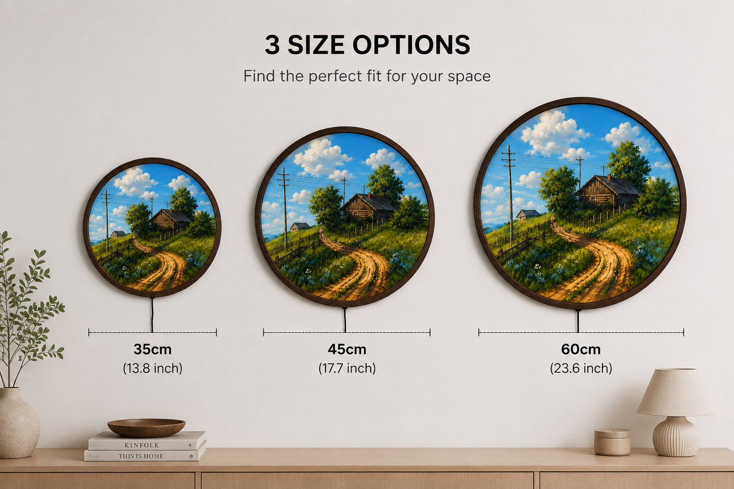 Rustic Countryside Cabin LED Wall Art – Round Lighted Landscape Wall Decor, Farmhouse Wooden Frame, Nature Home Decor