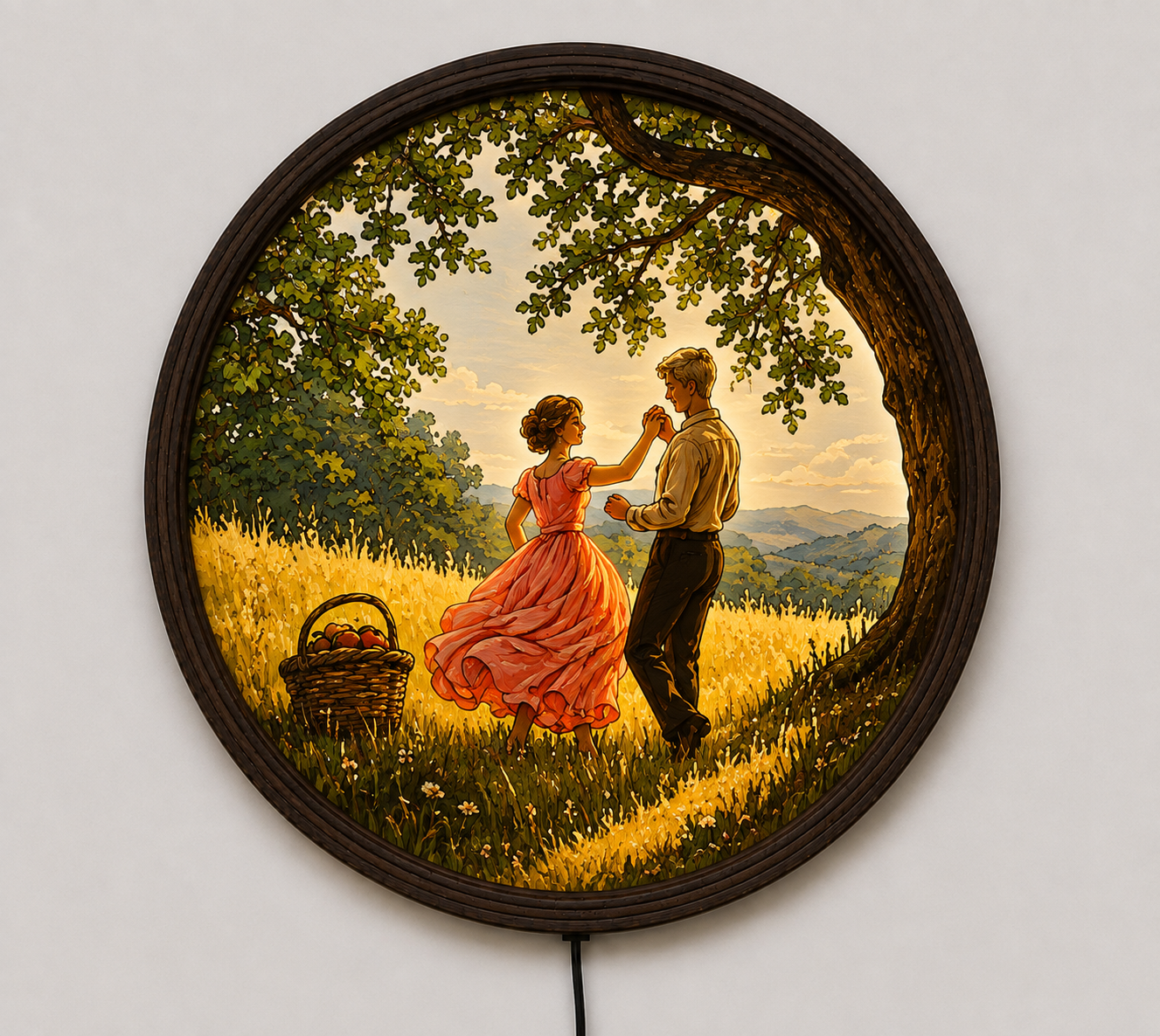 Romantic Sunset Couple LED Wall Art – Round Illuminated Woodland Scene | Rustic Home Decor