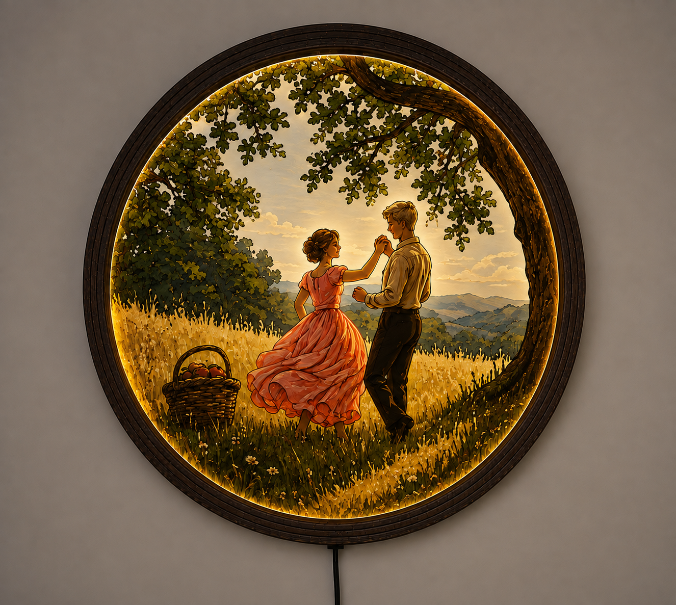 Romantic Sunset Couple LED Wall Art – Round Illuminated Woodland Scene | Rustic Home Decor