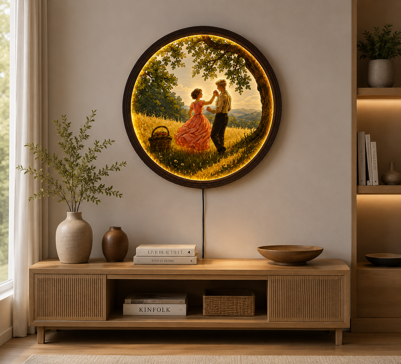 Romantic Sunset Couple LED Wall Art – Round Illuminated Woodland Scene | Rustic Home Decor