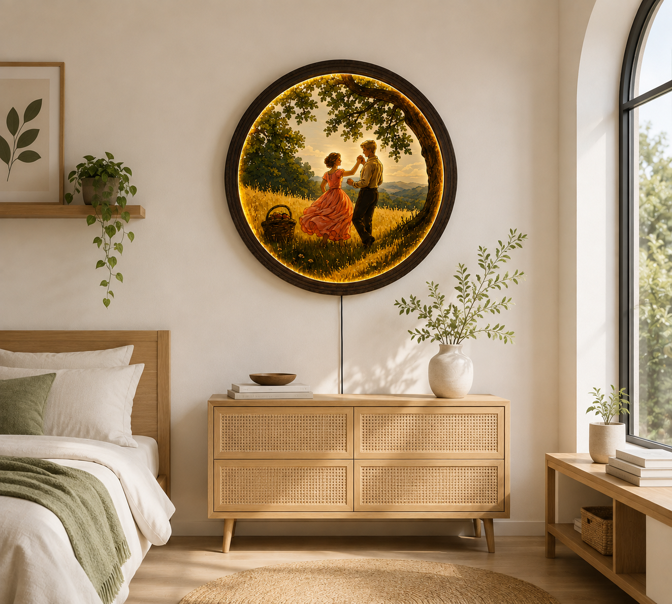 Romantic Sunset Couple LED Wall Art – Round Illuminated Woodland Scene | Rustic Home Decor