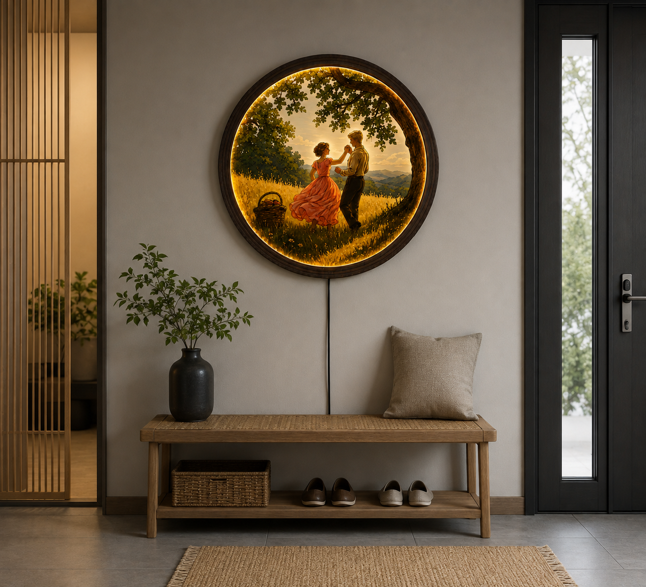 Romantic Sunset Couple LED Wall Art – Round Illuminated Woodland Scene | Rustic Home Decor