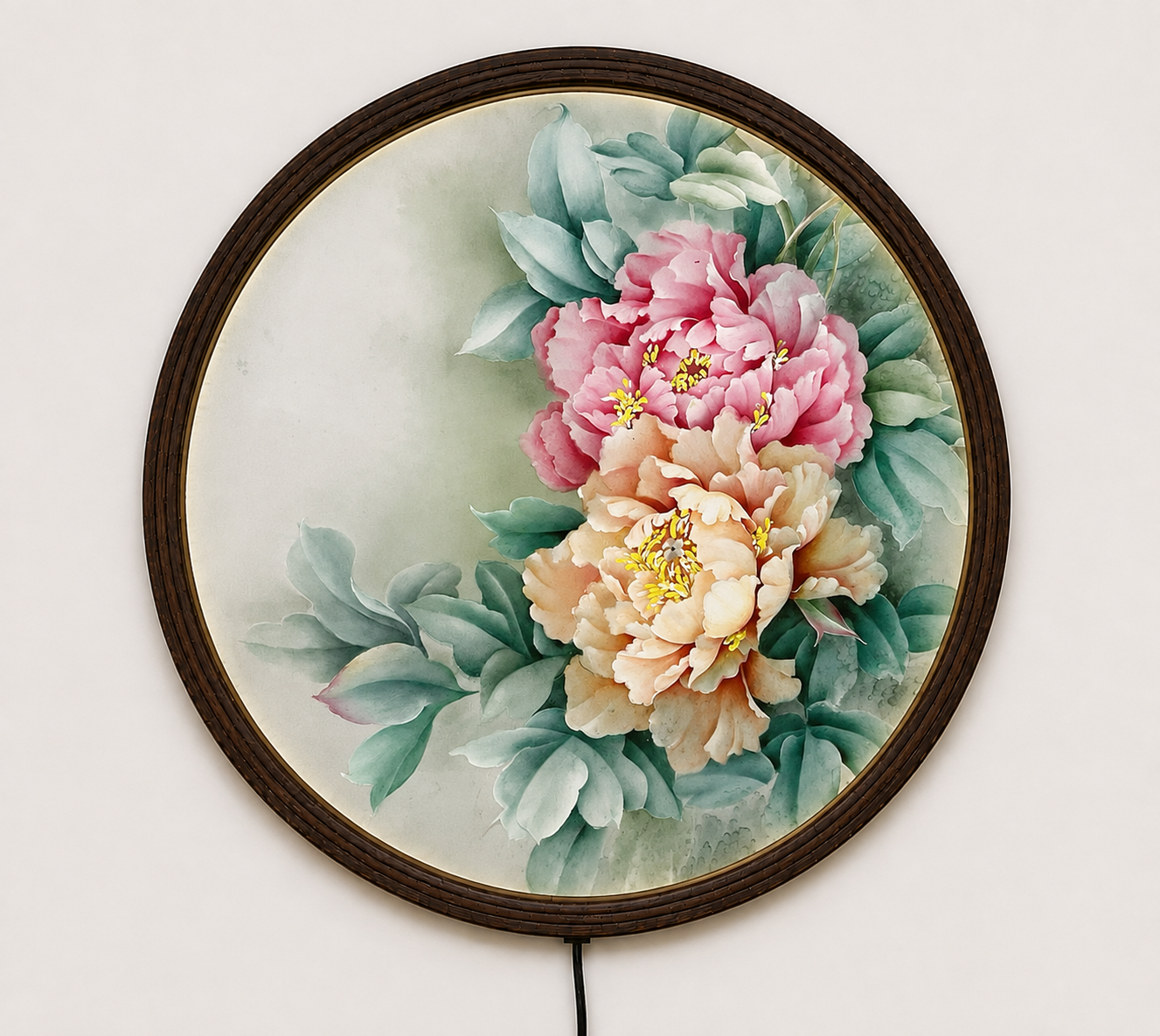 Elegant Peony LED Round Wall Art – Chinese Floral Canvas Light Decor | Modern Living Room Wall Hanging