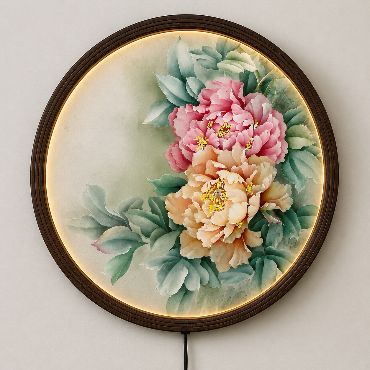 Elegant Peony LED Round Wall Art – Chinese Floral Canvas Light Decor | Modern Living Room Wall Hanging