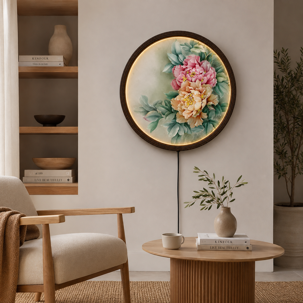 Elegant Peony LED Round Wall Art – Chinese Floral Canvas Light Decor | Modern Living Room Wall Hanging