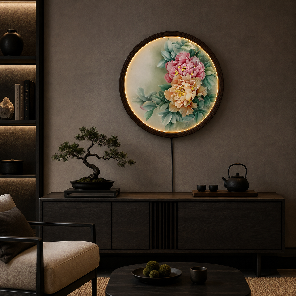 Elegant Peony LED Round Wall Art – Chinese Floral Canvas Light Decor | Modern Living Room Wall Hanging