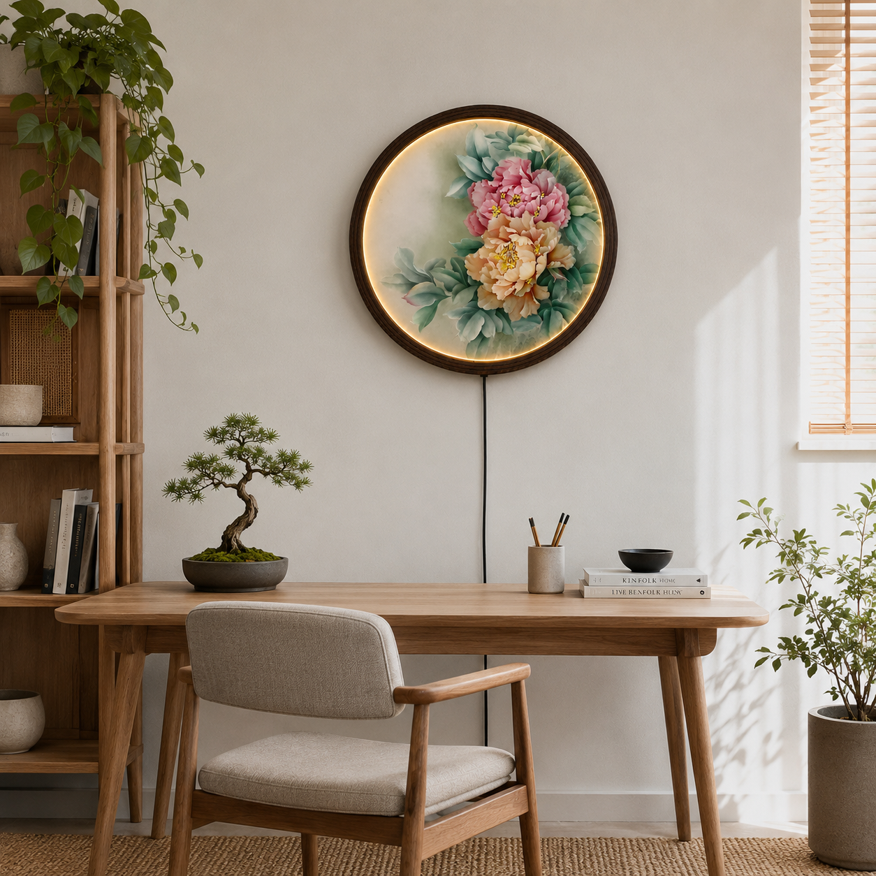 Elegant Peony LED Round Wall Art – Chinese Floral Canvas Light Decor | Modern Living Room Wall Hanging