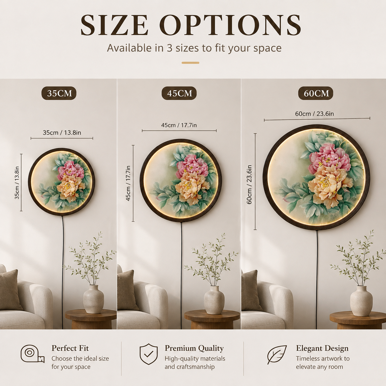 Elegant Peony LED Round Wall Art – Chinese Floral Canvas Light Decor | Modern Living Room Wall Hanging