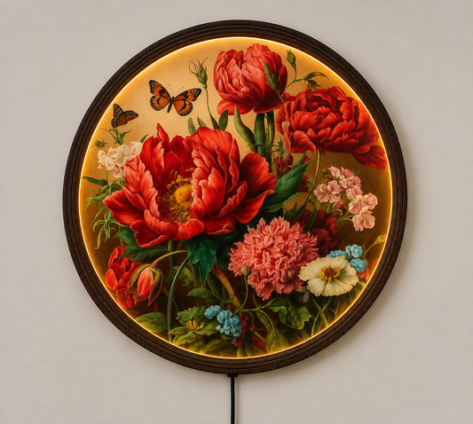 Vintage Floral LED Round Wall Art – Red Peony Botanical Lighted Wall Decor, Rustic Wooden Frame, Luxury Home Decor Gift