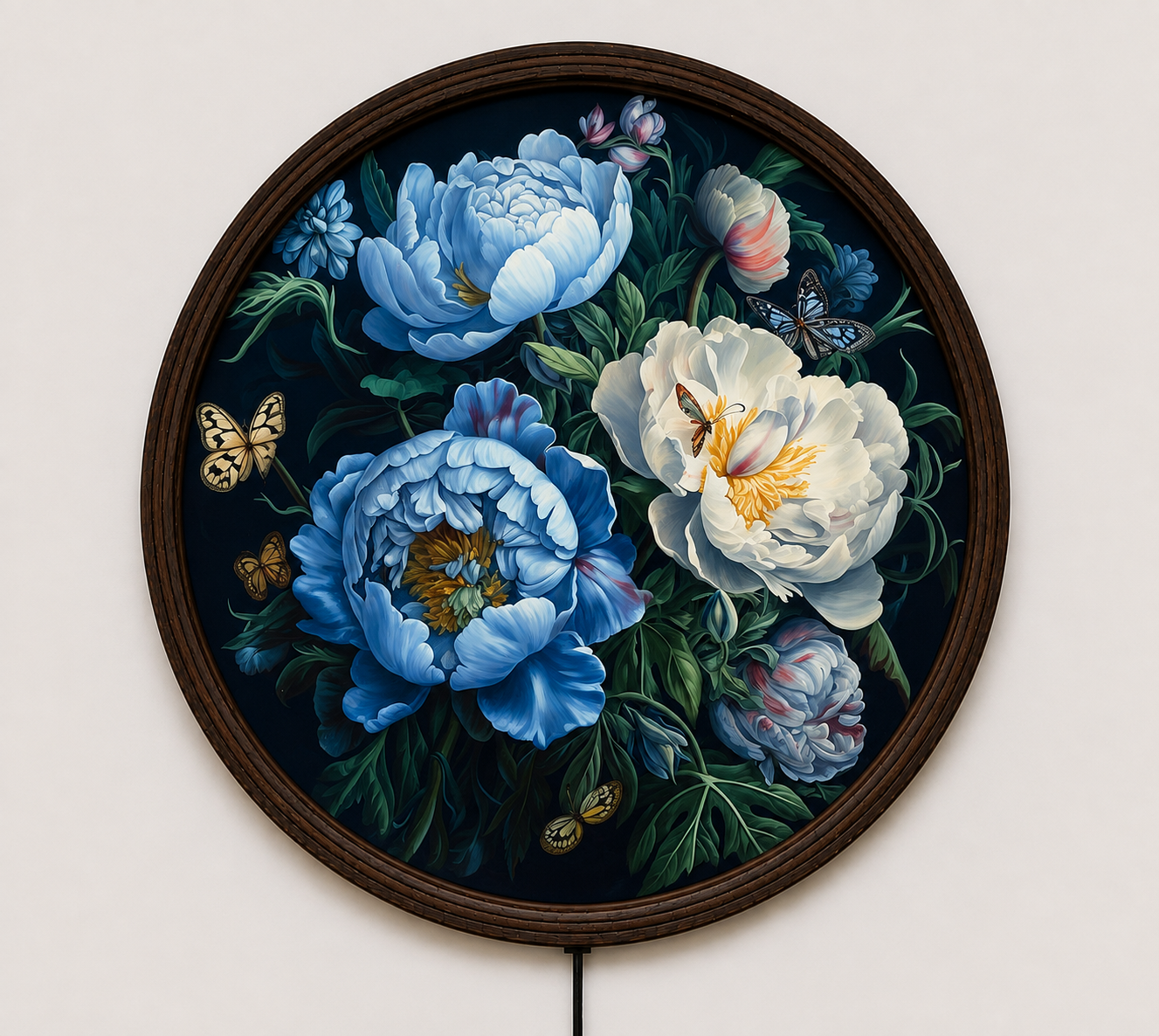 Blue & White Peony LED Wall Art – Round Floral Lighted Wall Decor with Butterflies | Modern Home Decor Gift