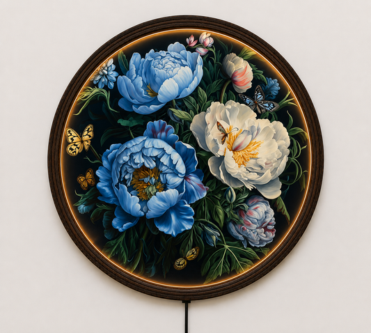 Blue & White Peony LED Wall Art – Round Floral Lighted Wall Decor with Butterflies | Modern Home Decor Gift