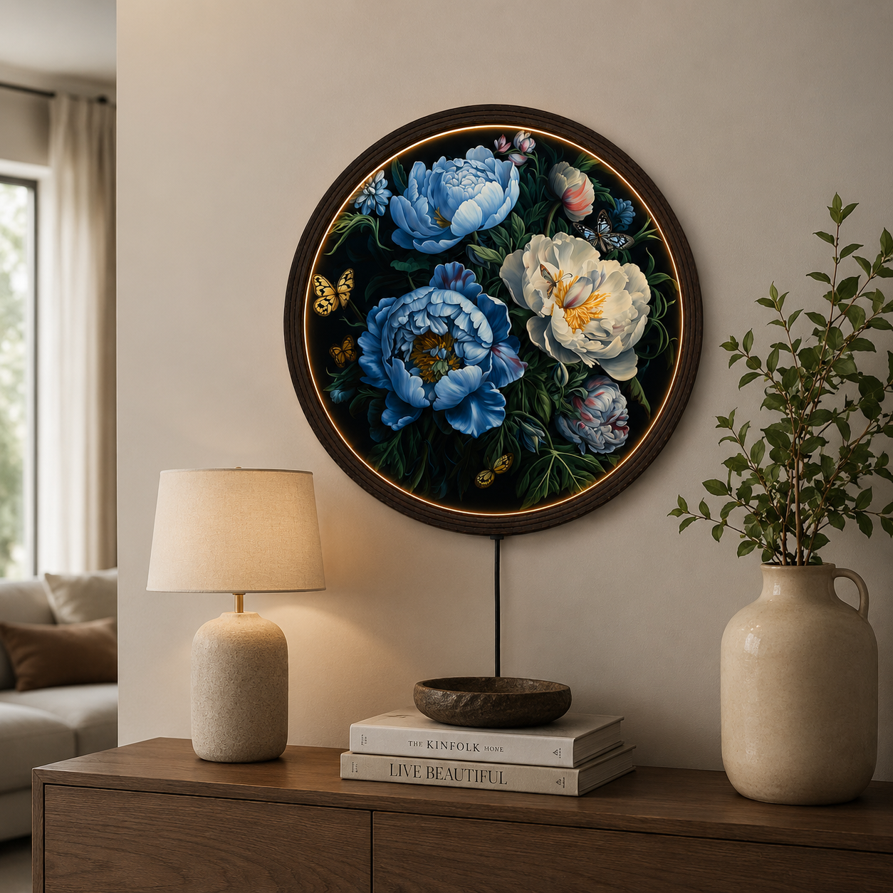 Blue & White Peony LED Wall Art – Round Floral Lighted Wall Decor with Butterflies | Modern Home Decor Gift