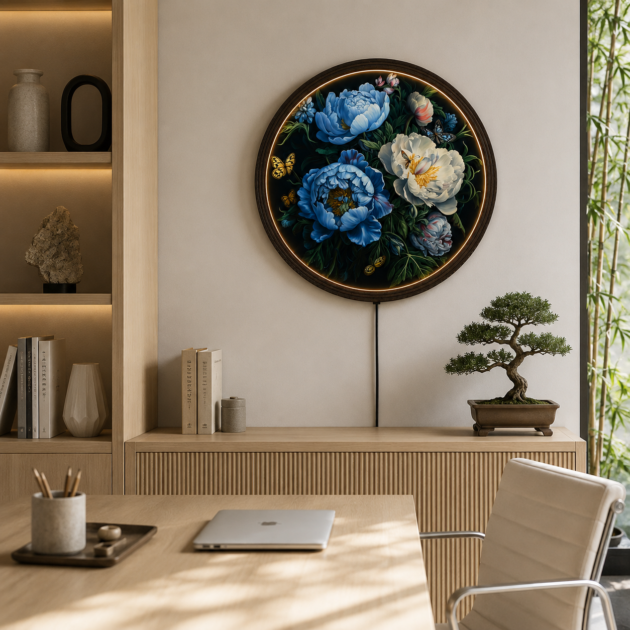 Blue & White Peony LED Wall Art – Round Floral Lighted Wall Decor with Butterflies | Modern Home Decor Gift