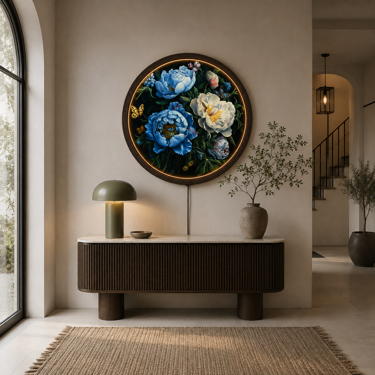 Blue & White Peony LED Wall Art – Round Floral Lighted Wall Decor with Butterflies | Modern Home Decor Gift