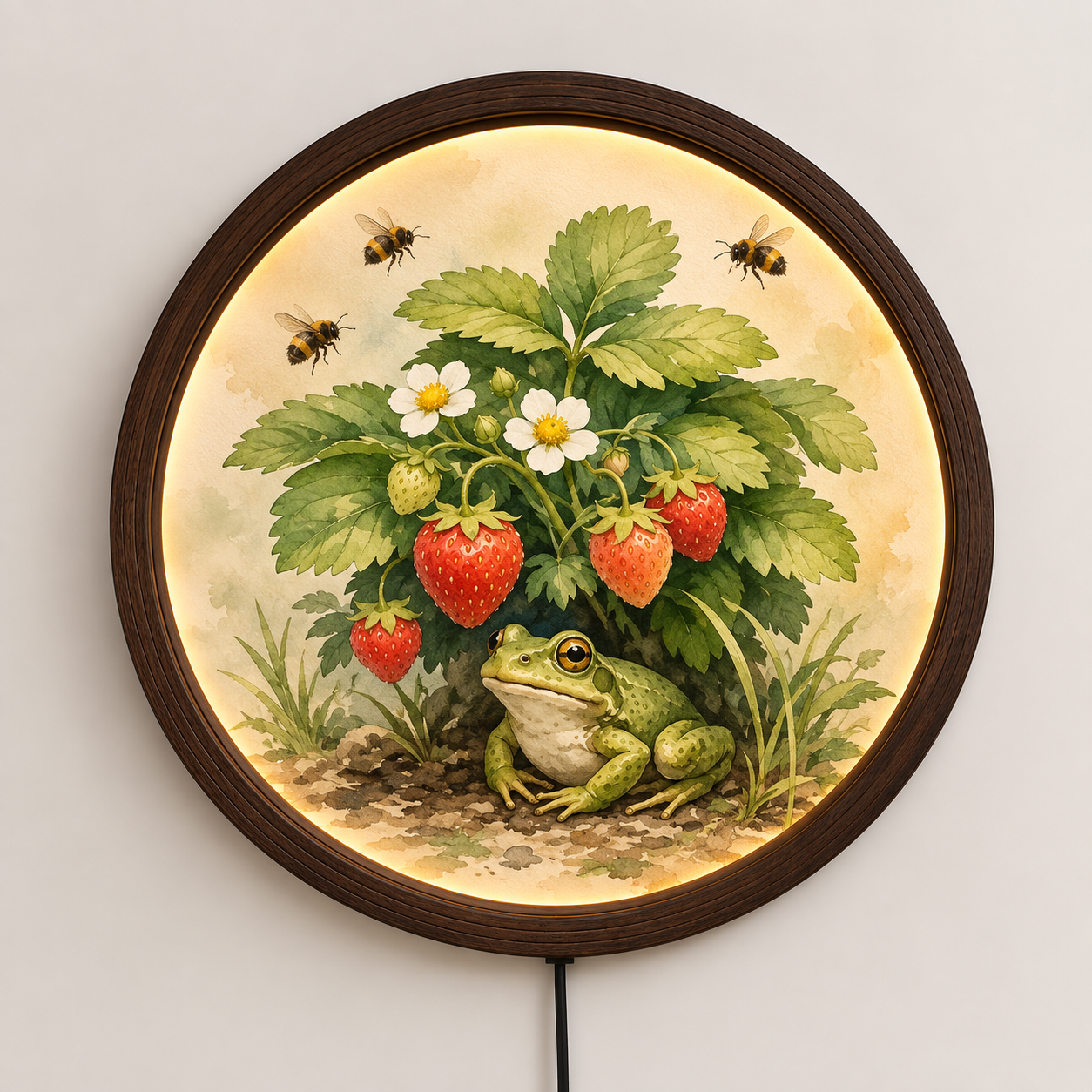 Enchanted Strawberry Garden LED Wall Art – Rustic Round Farmhouse Home Decor