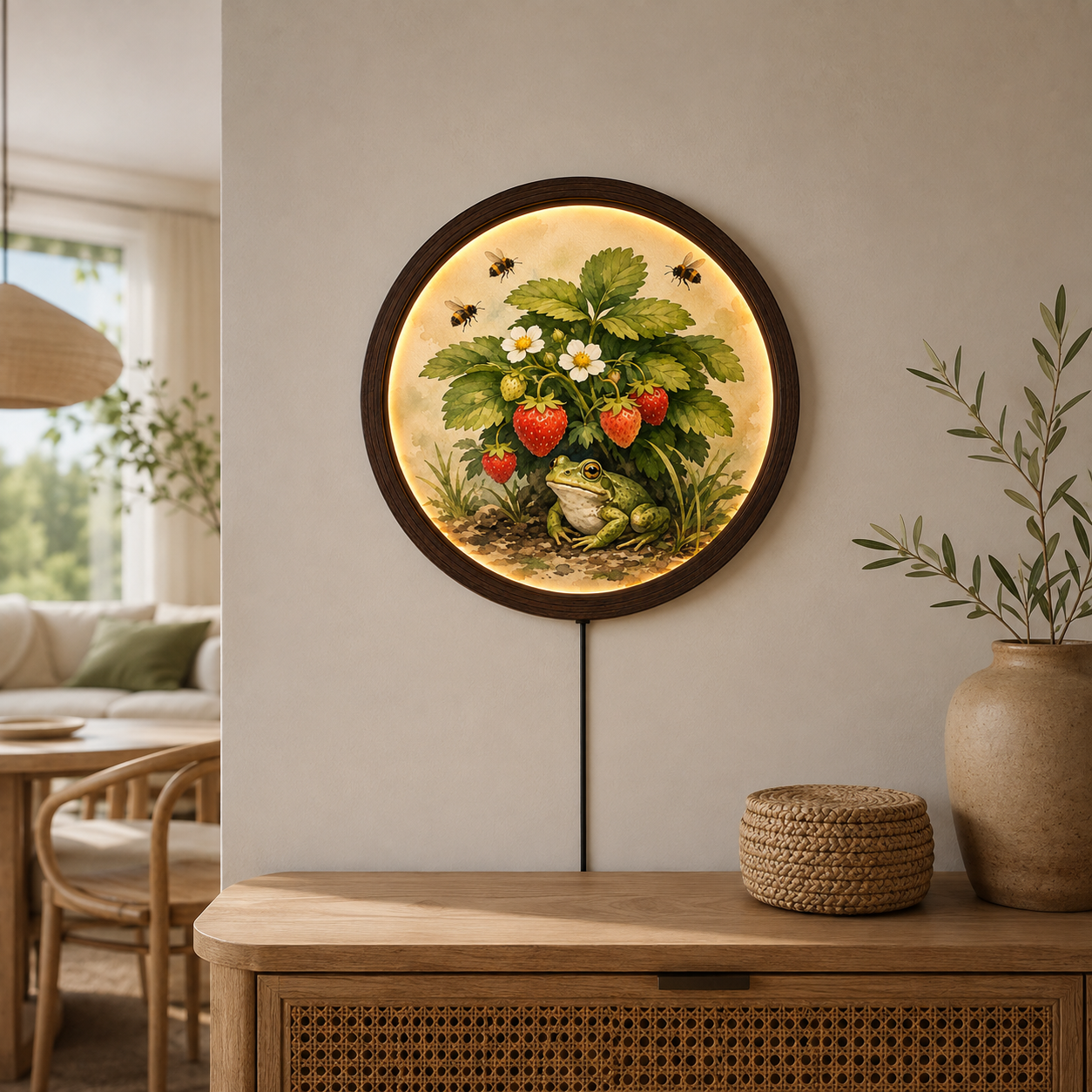 Enchanted Strawberry Garden LED Wall Art – Rustic Round Farmhouse Home Decor