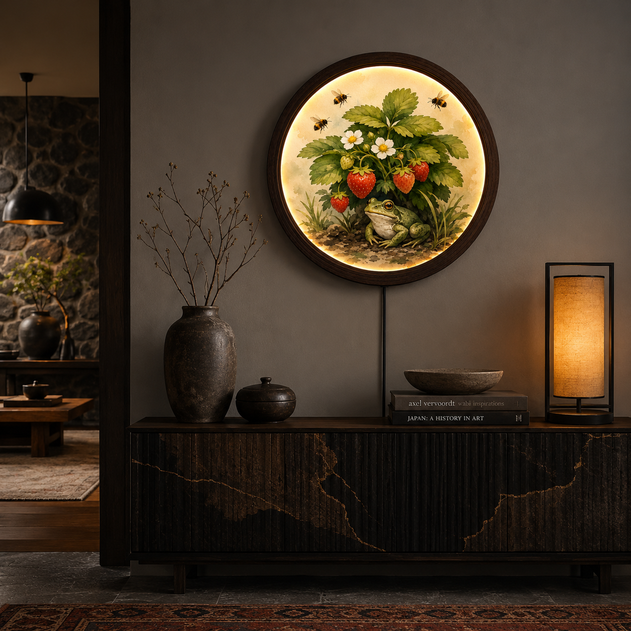 Enchanted Strawberry Garden LED Wall Art – Rustic Round Farmhouse Home Decor