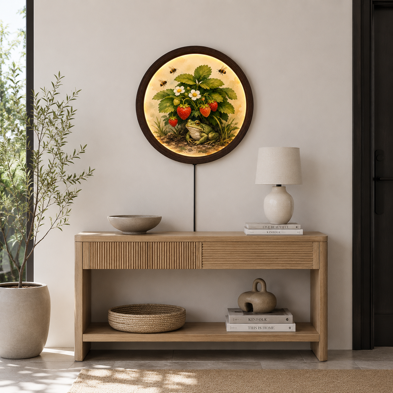 Enchanted Strawberry Garden LED Wall Art – Rustic Round Farmhouse Home Decor