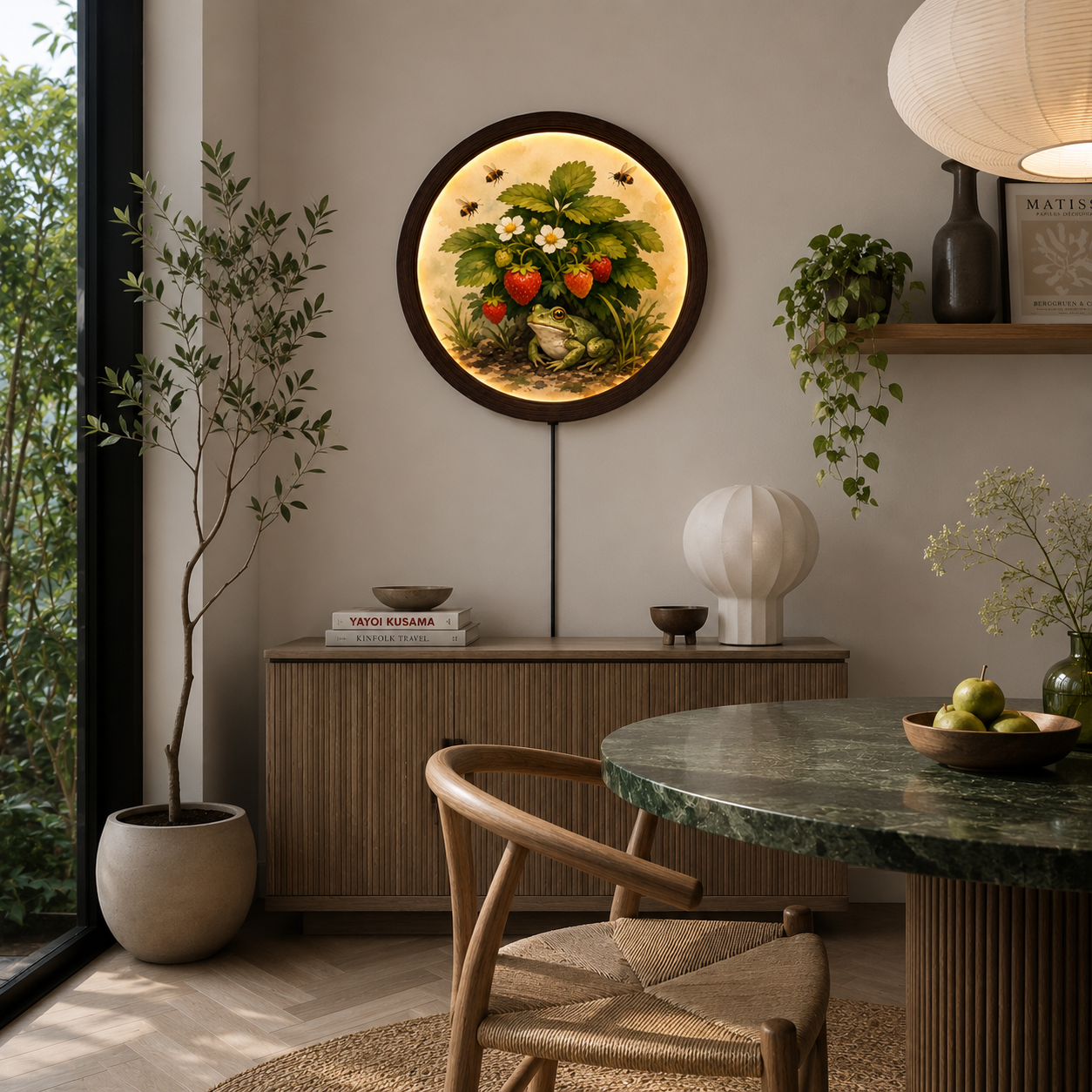 Enchanted Strawberry Garden LED Wall Art – Rustic Round Farmhouse Home Decor
