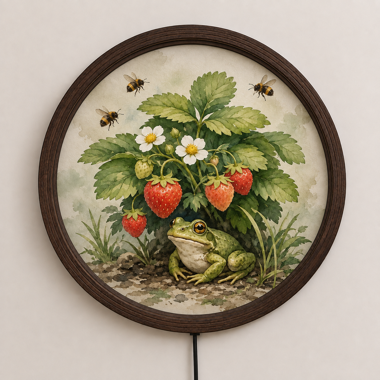 Enchanted Strawberry Garden LED Wall Art – Rustic Round Farmhouse Home Decor
