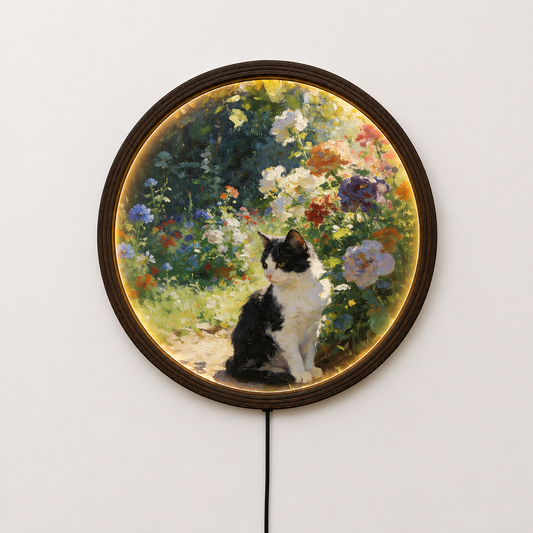 Botanical Cat Wall Art with LED Lighting – Round Vintage Floral Home Decor