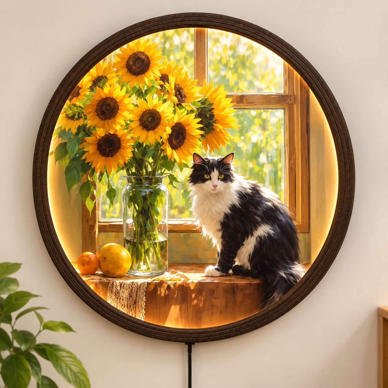 Round LED Wall Art with Cat & Sunflowers – Illuminated Home Decor, Cozy Living Room Wall Accent