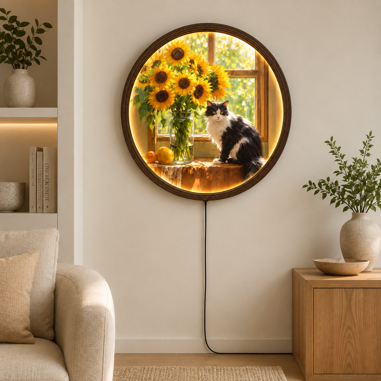Round LED Wall Art with Cat & Sunflowers – Illuminated Home Decor, Cozy Living Room Wall Accent