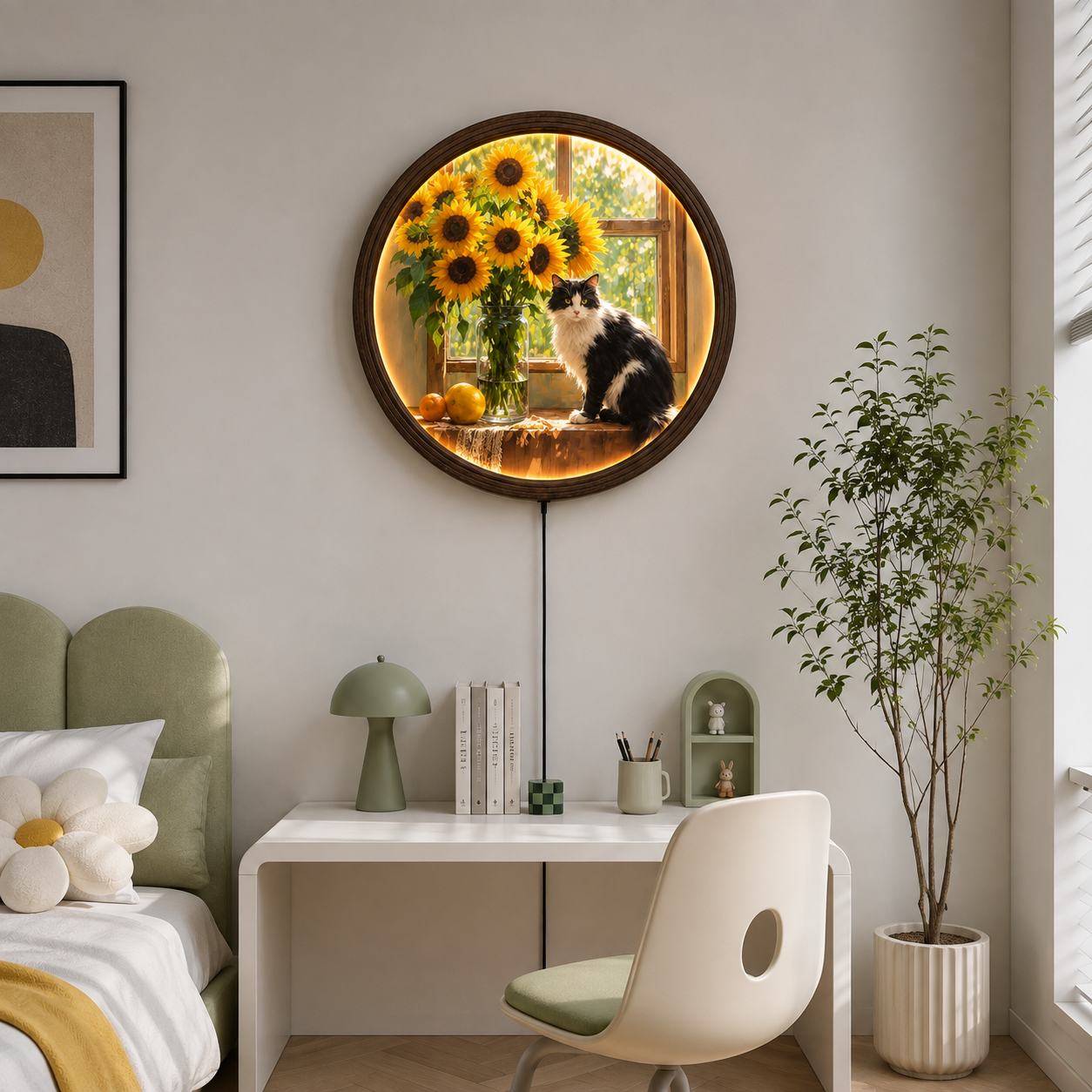 Round LED Wall Art with Cat & Sunflowers – Illuminated Home Decor, Cozy Living Room Wall Accent