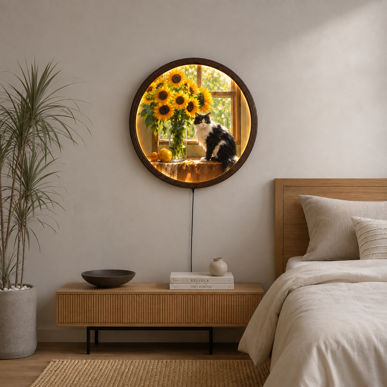 Round LED Wall Art with Cat & Sunflowers – Illuminated Home Decor, Cozy Living Room Wall Accent