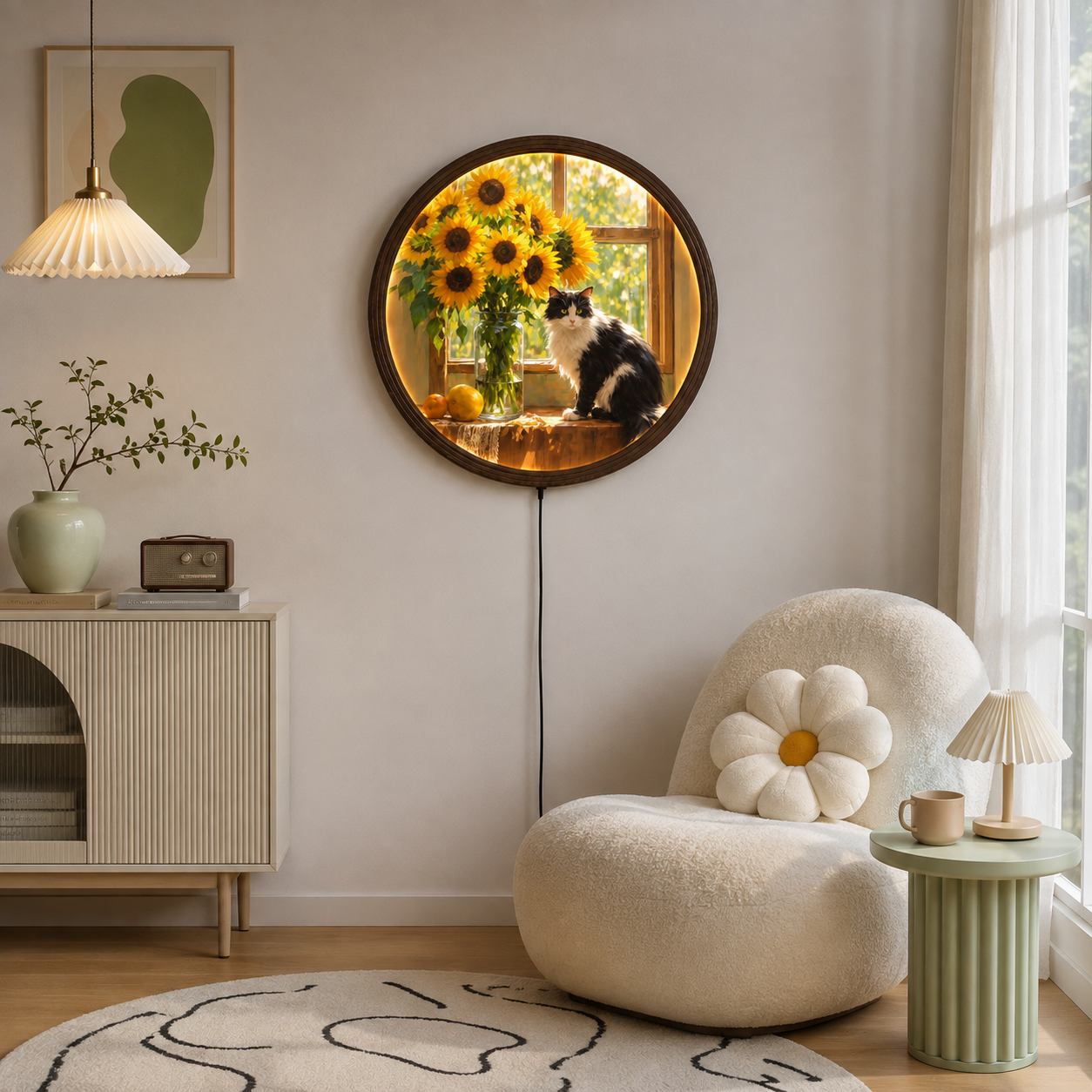 Round LED Wall Art with Cat & Sunflowers – Illuminated Home Decor, Cozy Living Room Wall Accent