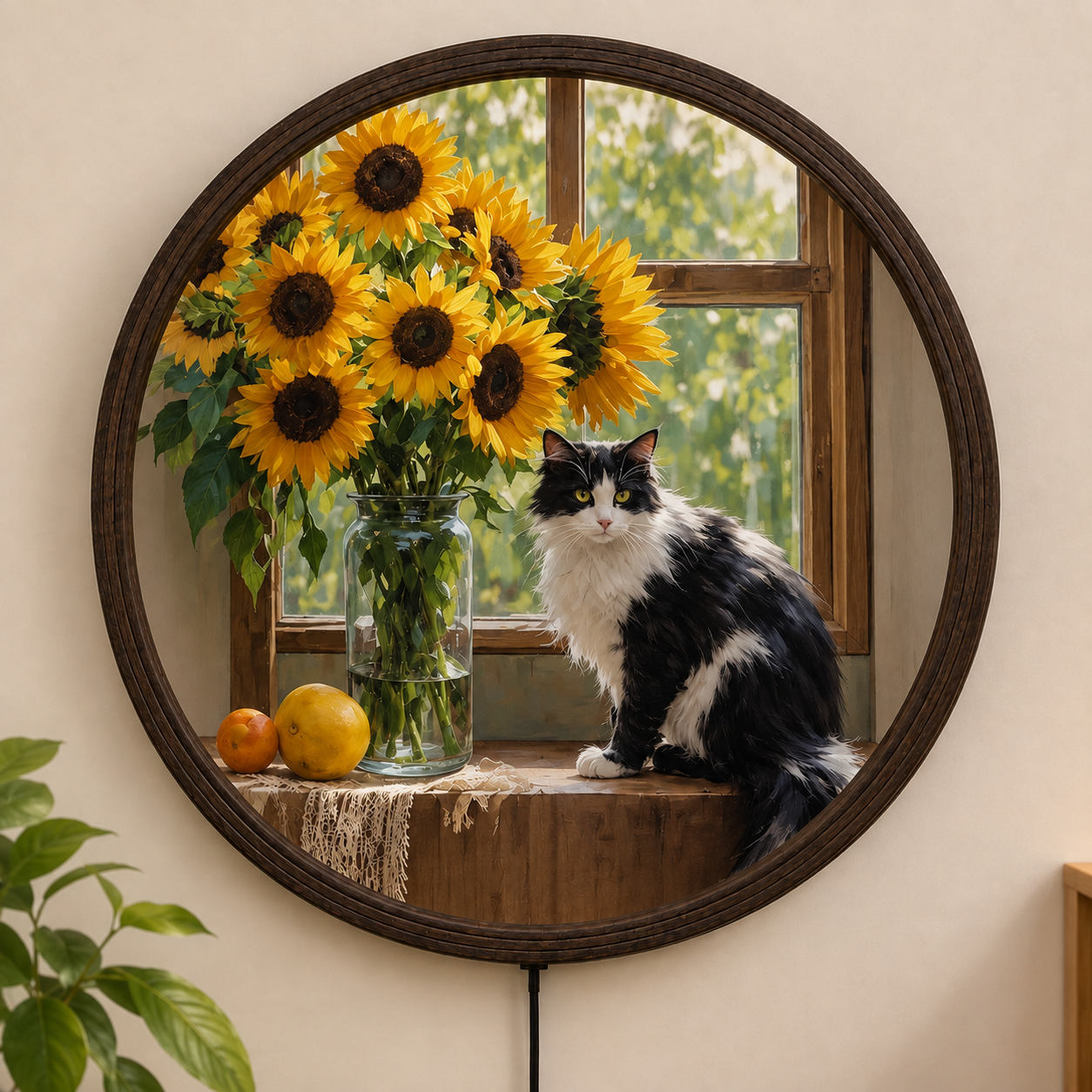 Round LED Wall Art with Cat & Sunflowers – Illuminated Home Decor, Cozy Living Room Wall Accent