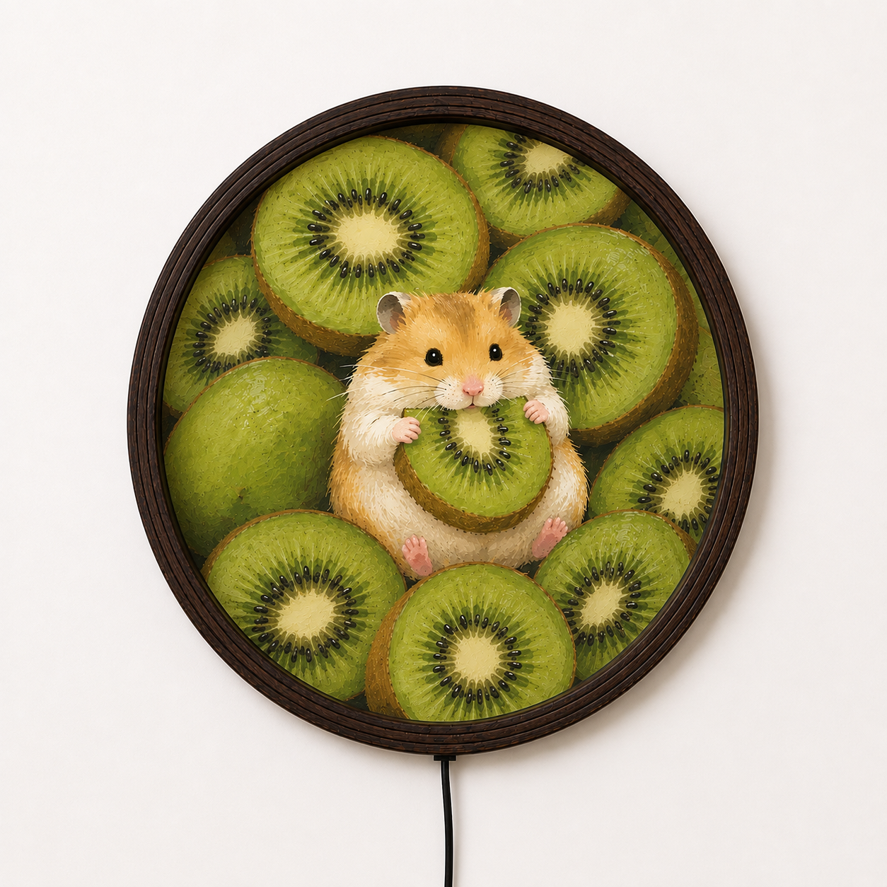 Cute Hamster with Kiwi LED Wall Art – Round Illuminated Wooden Frame Home Decor