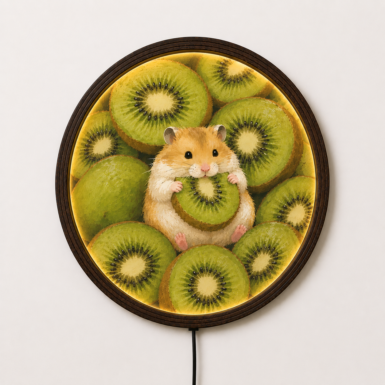 Cute Hamster with Kiwi LED Wall Art – Round Illuminated Wooden Frame Home Decor