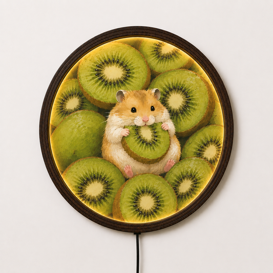 Cute Hamster with Kiwi LED Wall Art – Round Illuminated Wooden Frame Home Decor