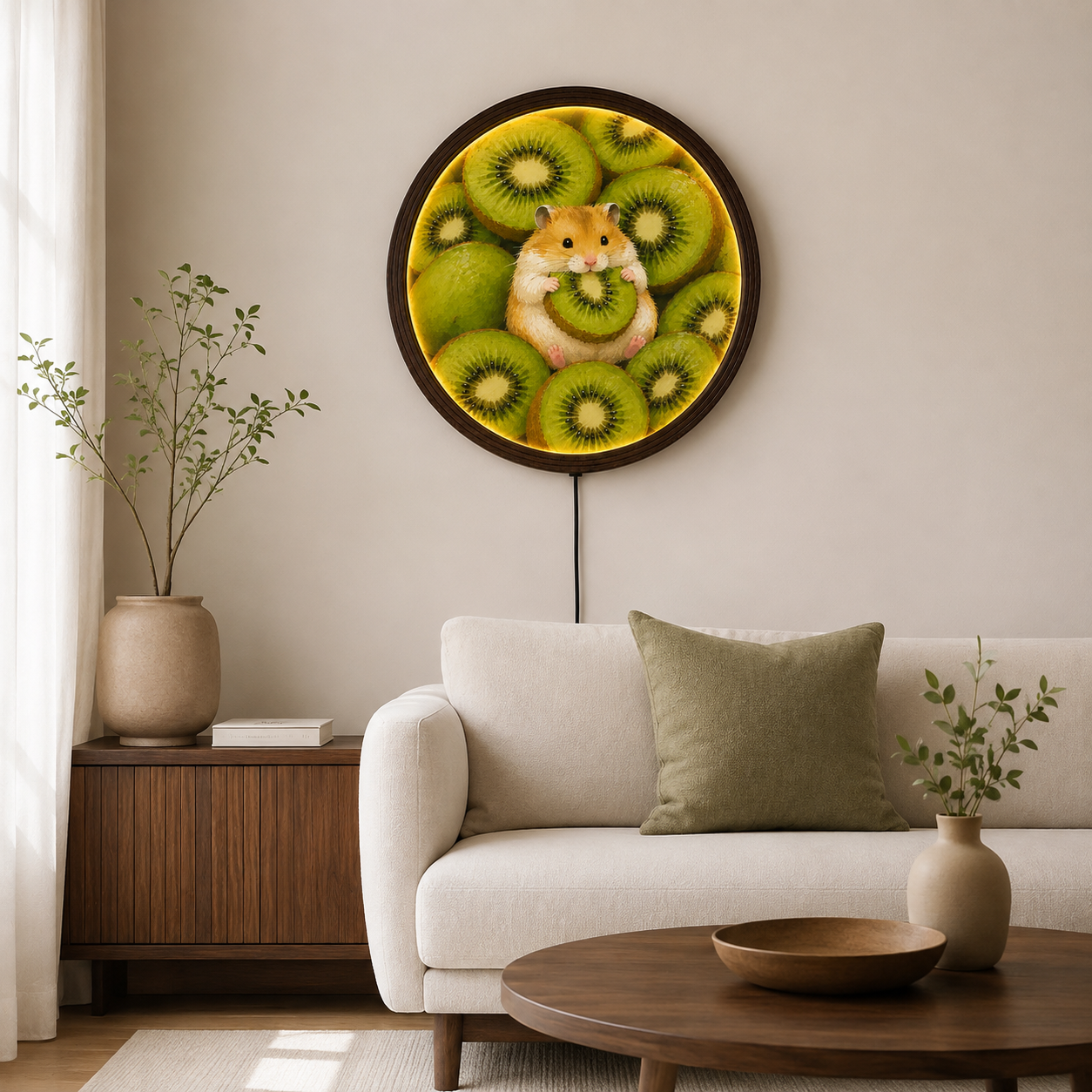 Cute Hamster with Kiwi LED Wall Art – Round Illuminated Wooden Frame Home Decor