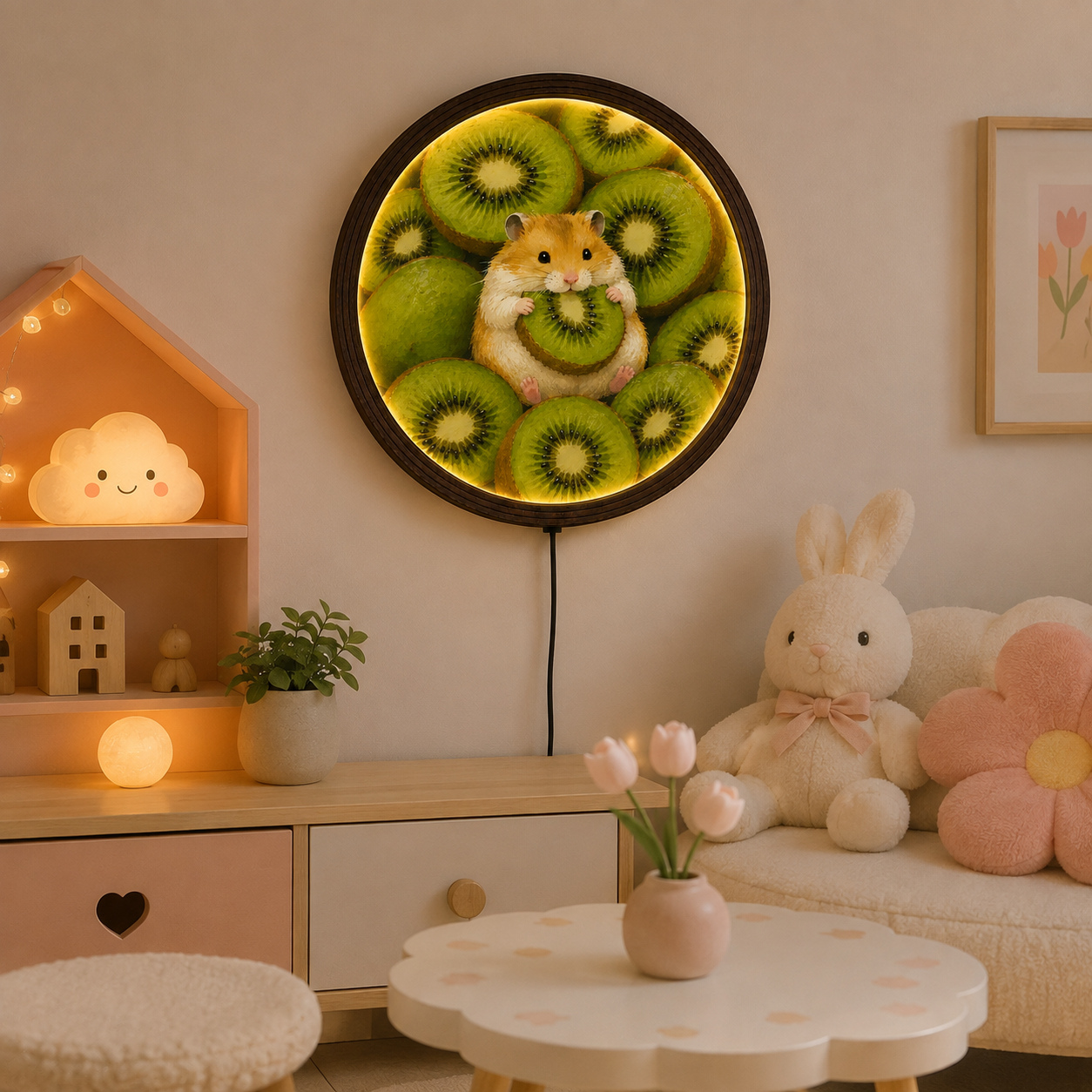 Cute Hamster with Kiwi LED Wall Art – Round Illuminated Wooden Frame Home Decor