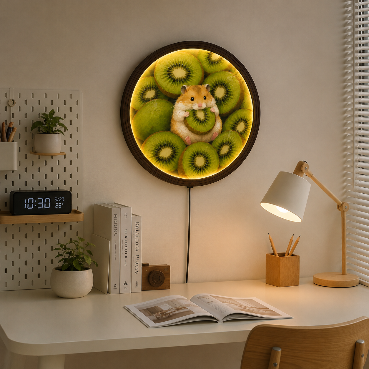 Cute Hamster with Kiwi LED Wall Art – Round Illuminated Wooden Frame Home Decor