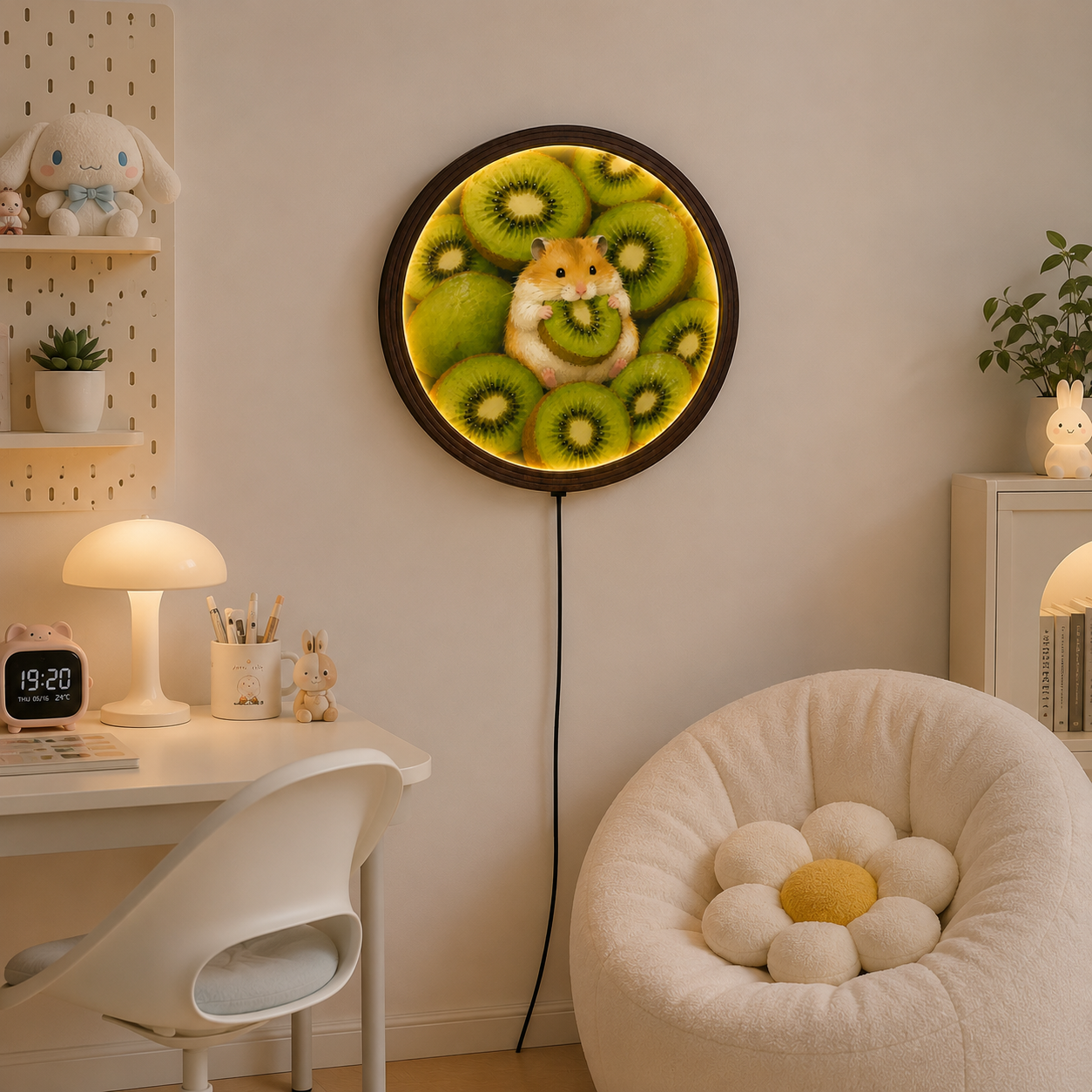 Cute Hamster with Kiwi LED Wall Art – Round Illuminated Wooden Frame Home Decor