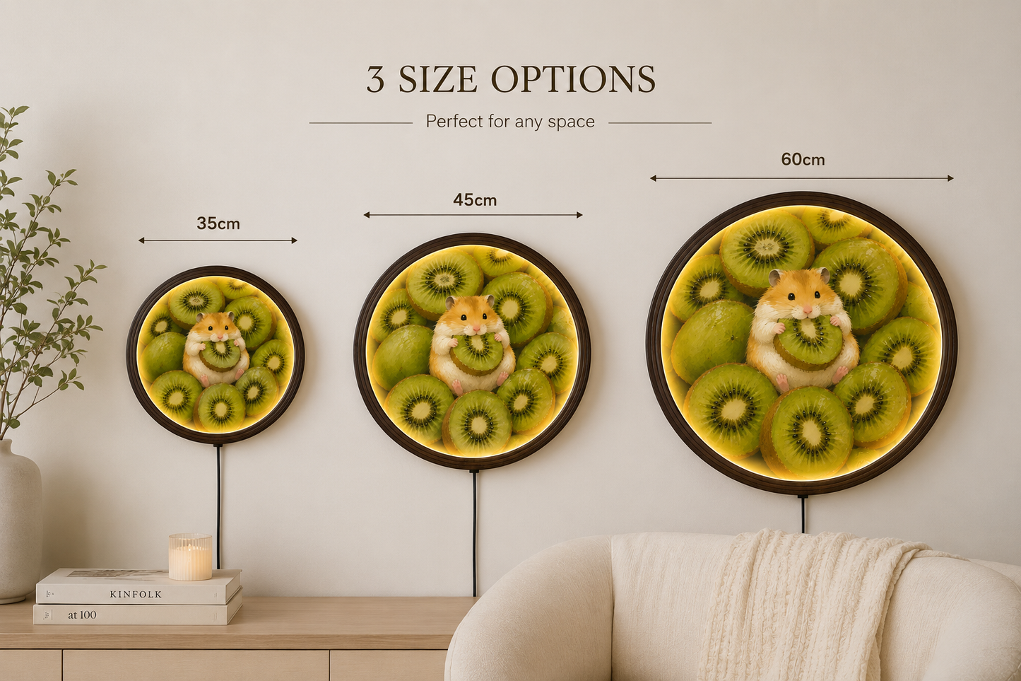 Cute Hamster with Kiwi LED Wall Art – Round Illuminated Wooden Frame Home Decor
